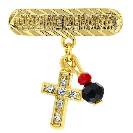 4 Way Cross Baptismal Pin - 14k Gold Plated Cross Simulated Azabache Evil Eye Protection Charm Pin Brooch