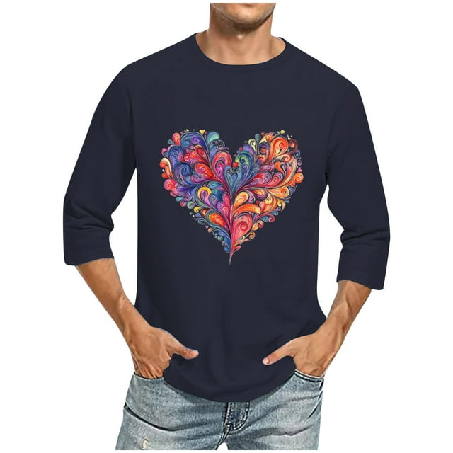Camisas de Manga Larga para los Hombres Día de San Valentín Impresión Cuello Redondo Moda Casual, Mezcla de Poliéster de Lino de Algodón para Primavera Verano