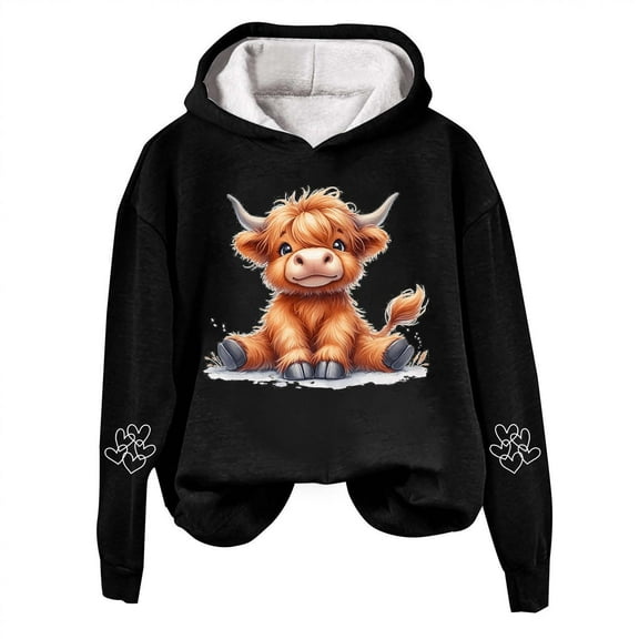 Womens Fashion Hoodies Long Sleeve Highland Cattle Print Hooded Sweatshirts Y2k Winter Pullover Tops Clothes 2025