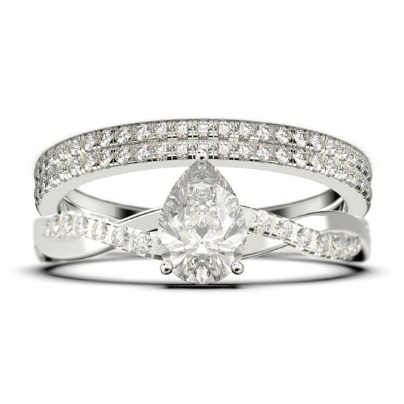 Gorgeous Minimalist Art Deco 2.25 Carat Pear Cut Authentic Diamond Moissanite Engagement Ring, Two Matching Band, Twisted Band Wedding Ring in 10k Solid White Gold Gift For Her