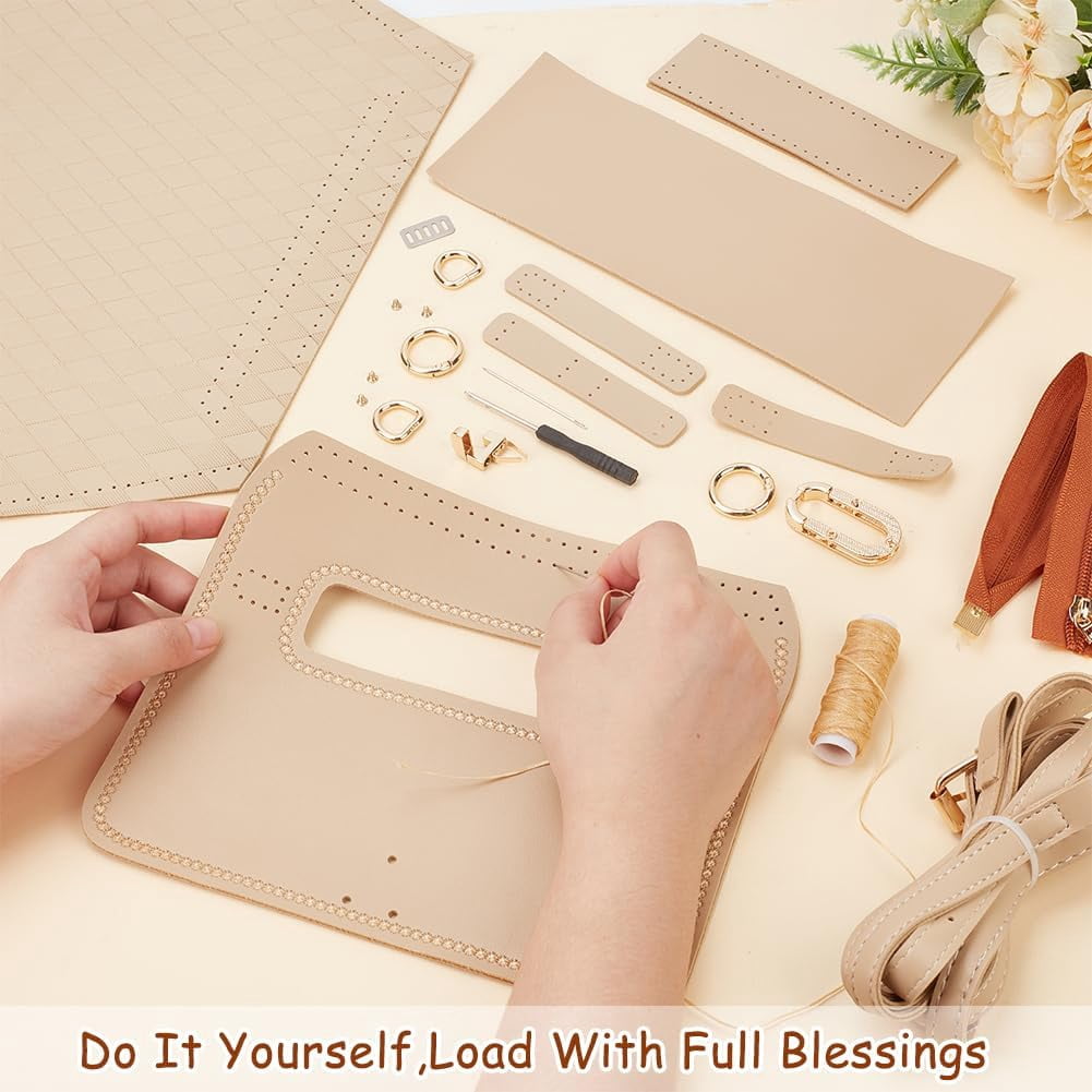 1set PU Leather Knitting Crochet Bags with Bottom and Shoulder Strap for Craft Shoulder Bags Accessories Wheat 400x400x1mm