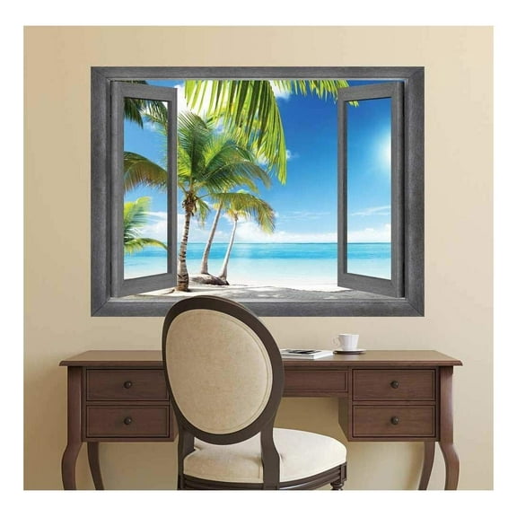 wall26 - Open Window Creative Wall Decor - A Palm Tree Vacation in Paradise - Wall Mural, Removable Sticker, Home Decor - 24x32 inches