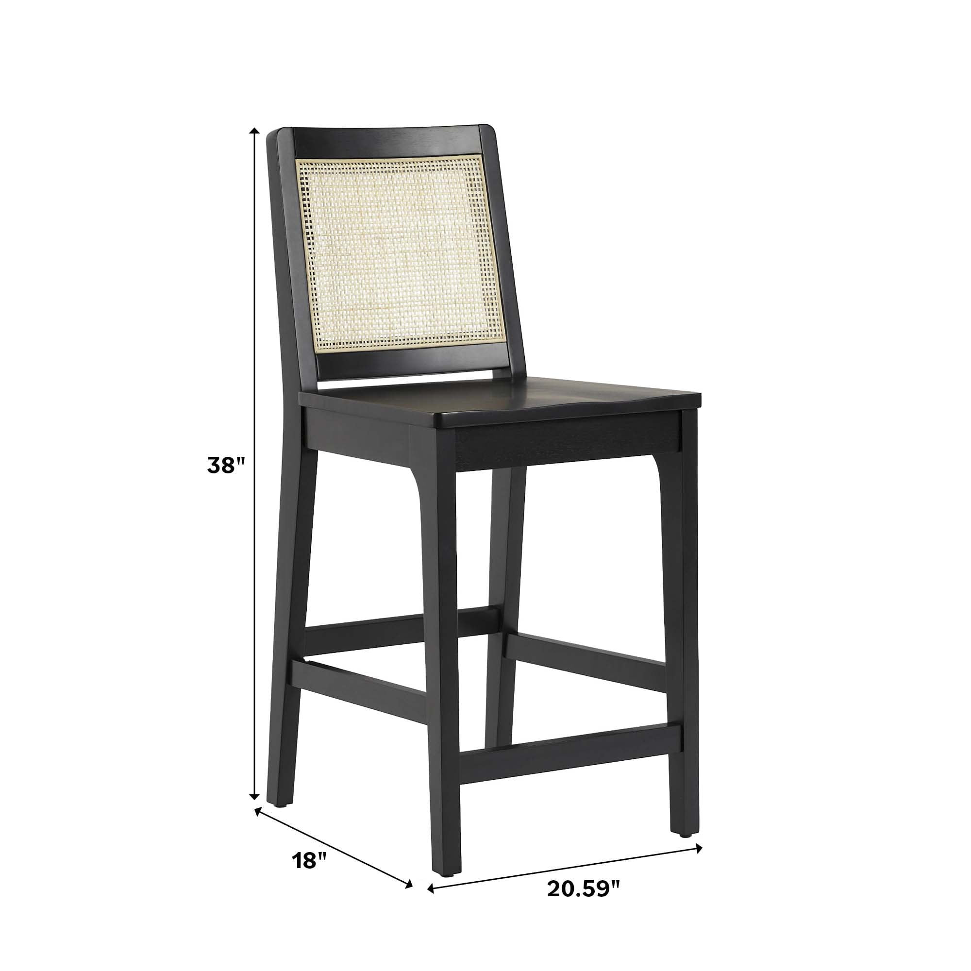 Walker Edison Counter Height Rattan Back Bar Stools, Black (Set of 2)