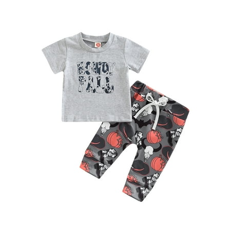 

Meihuida Infant Baby 2Pcs Fall Outfits Short Sleeve Letter/Pumpkin Print Tops Knot Front Pants Set