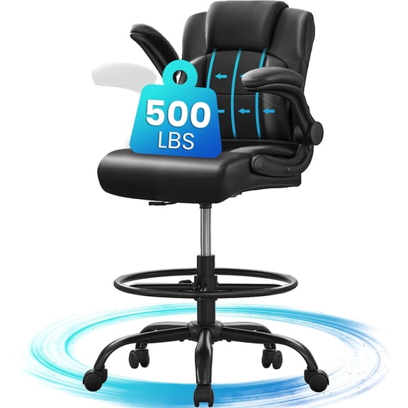 HYSpacerX 500 LBS Big & Tall Ergonomic High Back Leather Office Chair, Adjustable Height Flip-Up Armrest Executive Computer Chair for Standing & Counter Height Desk, Black