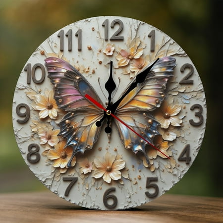 Wall Clock Decorative - Elegant Floral Butterfly Print 2D Vintage Wall Clocks Battery Operated Silent Non-Ticking for Bedroom, Living Room, Kitchen, Office, Classroom, 10 Inch