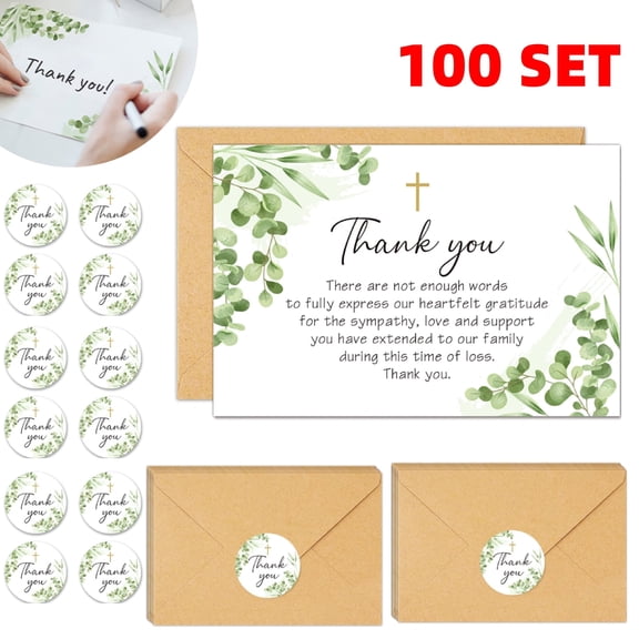 100 Set Funeral Thank You Cards with Envelopes and Stickers, Watercolor Green Leaves and Cross Thank You Sympathy Cards with Meaningful Message Bereavement