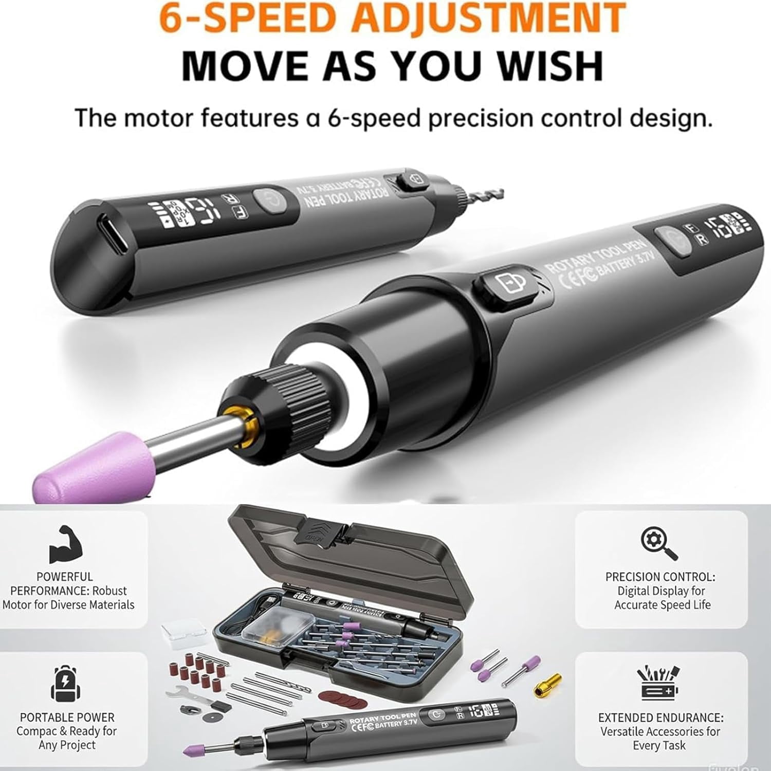 Mini Electric Rotary Tool Set with LED Light & Digital Display, Engraving Kit, 6-Speed Engraving Pen for Wood Carving, Glass Etching, Sanding, Small DIY Hobby Hand Tool (Gray)