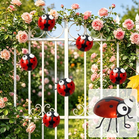 Patio Fence Wrought Iron Ladybug Beetle Wall Hanging, Outdoor Metal Insect Garden Decor Ornament, Weatherproof Art for Courtyard Balcony Tree Yard Porch Home