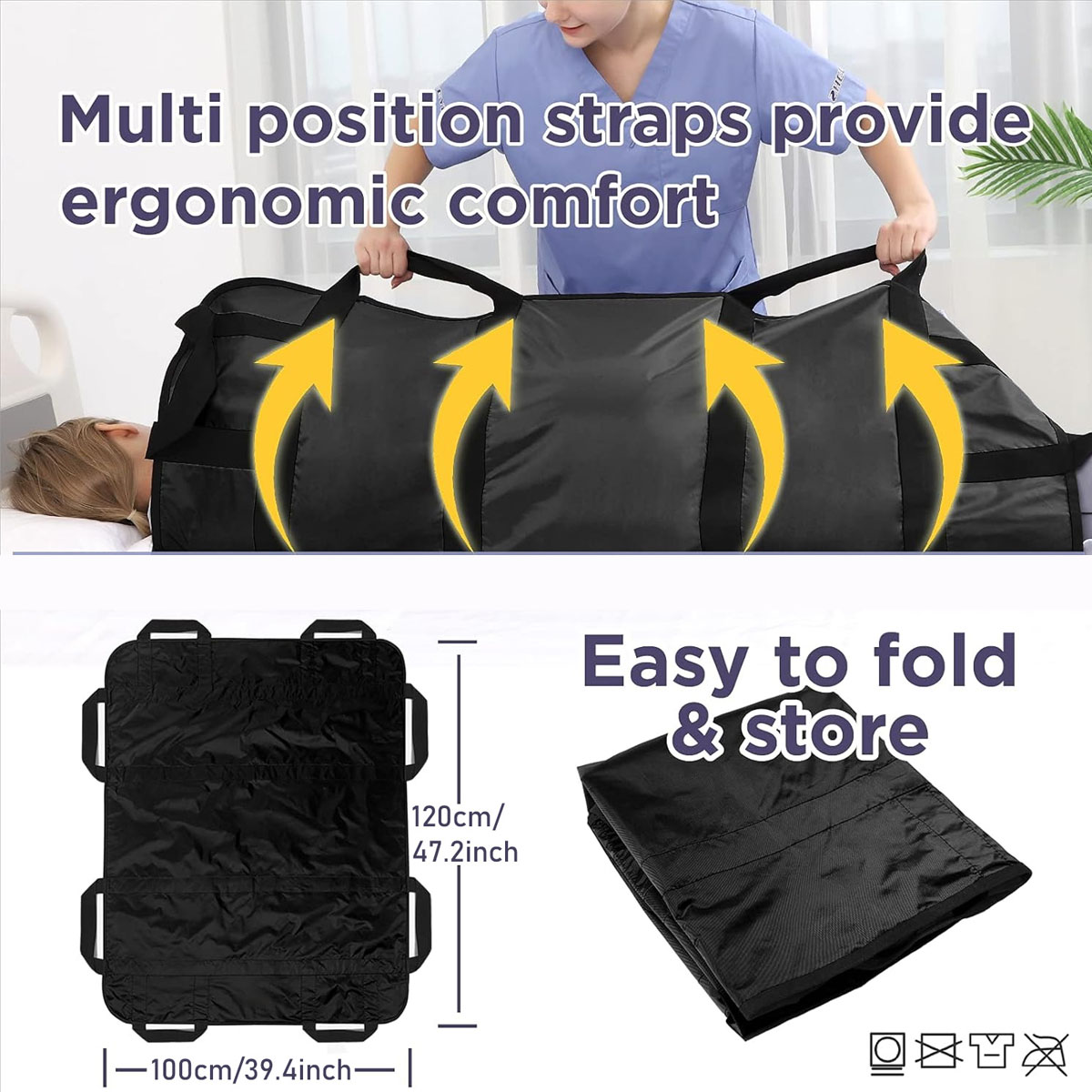 48 x 40 Inch Repositioning Bed Pad with Handles - Reusable & Washable Incontinence Underpad for Home, Hospital, Elderly and Patient Care,Black