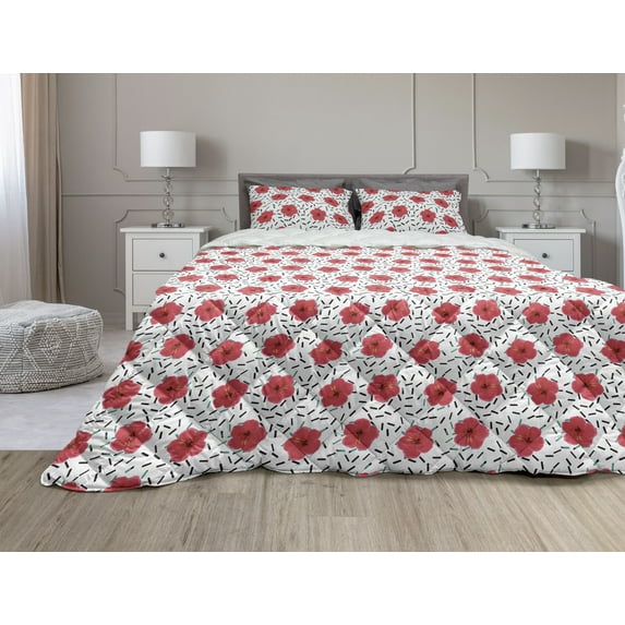 Hibiscus Comforter & Sham Bedding Set, Tropical Pattern of Flower Graphic, 3 pcs Duvet Set Microfiber Filling Quilt, 5 Sizes, Dark Coral White, by Ambesonne