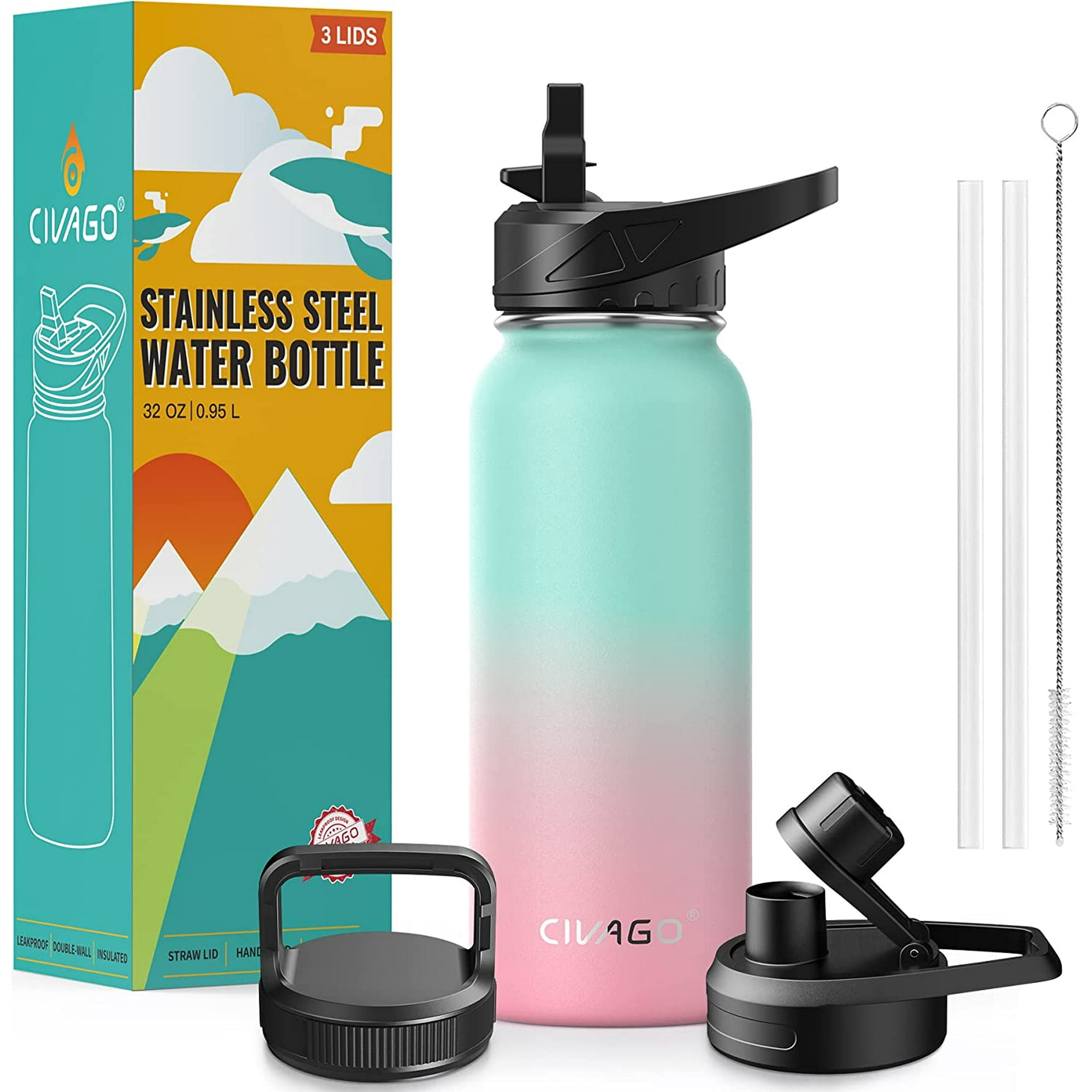 CIVAGO 32 oz Insulated Water Bottle With Straw, Stainless Steel Sports  Water Cup Flask with 3 Lids (Straw, Spout and Handle Lid), Wide Mouth  Travel