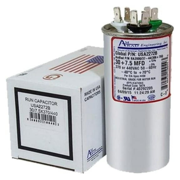 HC98JA032 - 30   7.5 MFD 370 / 440 Volt VAC AmRad Round Dual Run Capacitor , Made in the U.S.A.