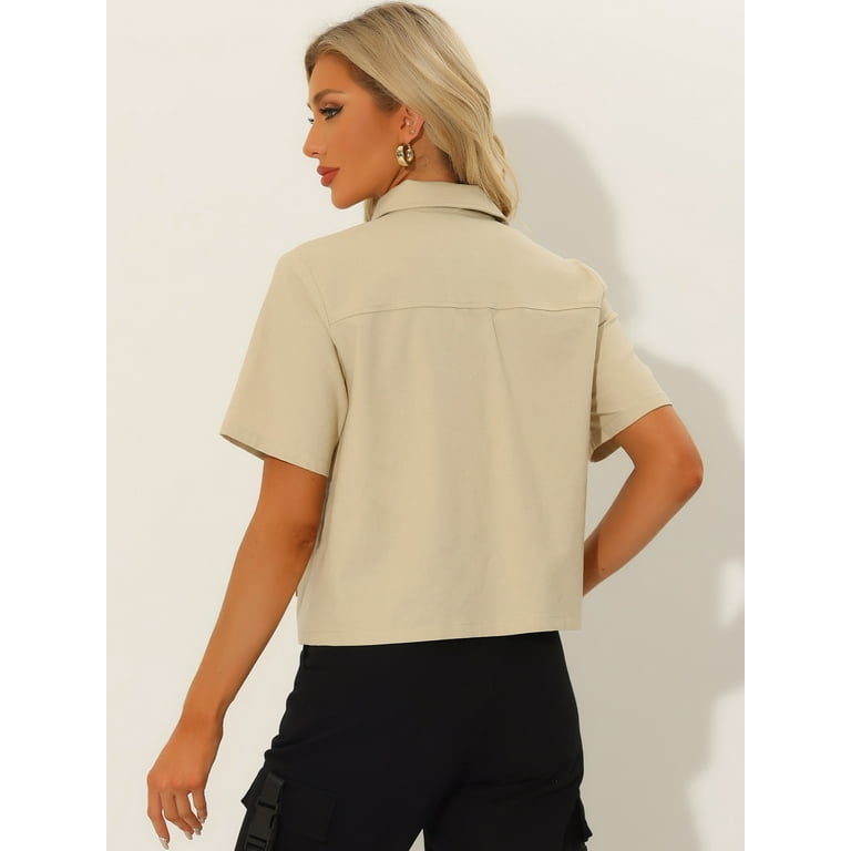 Unique Bargains Women's Linen Turndown Collar Short Sleeve Unique Bargains Women's Linen Turndown Collar Short Sleeve