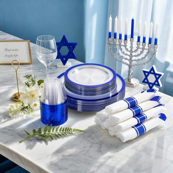 350 Pcs Dark Blue Plastic Plates,Clear Disposable Plates for 50 Guests,Blue Dinnerware Include 50 Dinner Plate 50 Dessert Plate,50 Cups,50 Pre Rolled Napkins with Cutlery Set for Party,Wedding