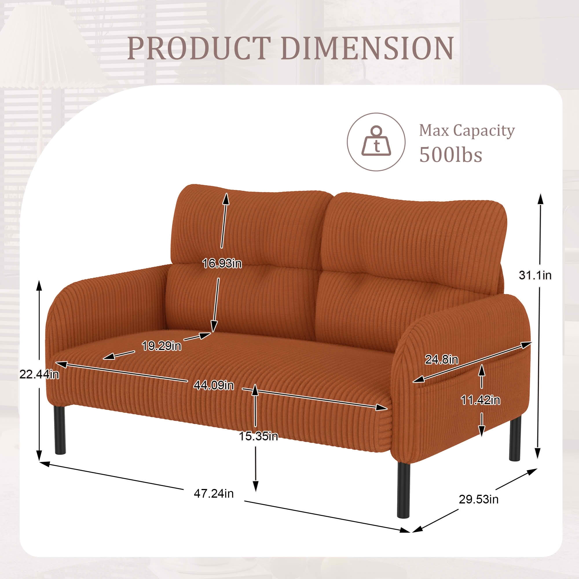 MAYEERTY Corduroy 2-Seater Loveseat, Modern Monochrome Double Sofa with Side Storage Pockets & Sturdy Wood Frame for Home Office