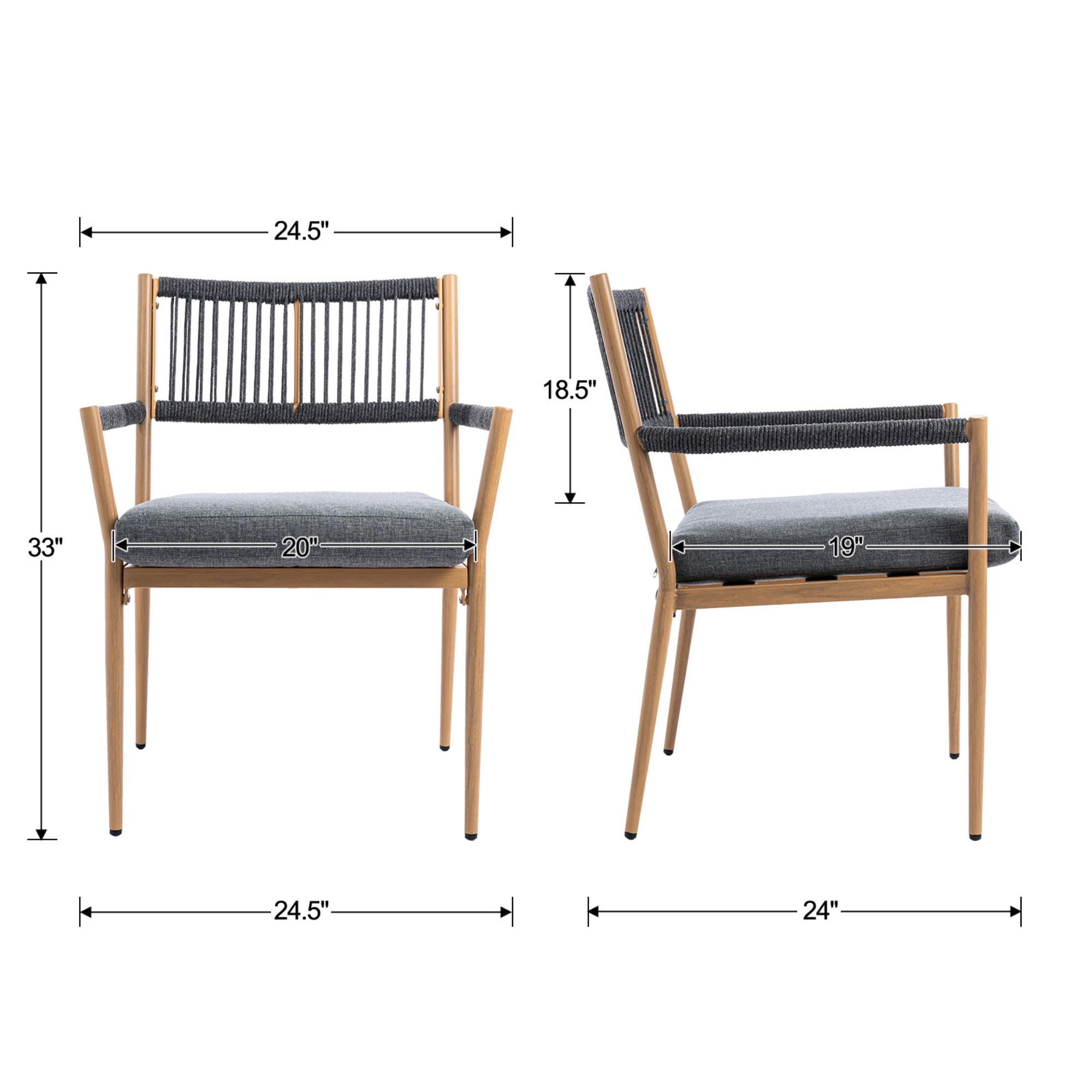 Dayalane Outdoor Dining Chairs Set of 2, Rope Rattan Patio Chairs with Cushions & Armrests, Weather-Resistant Metal Frame for Patio, Balcony/Bistro, Dark Grey
