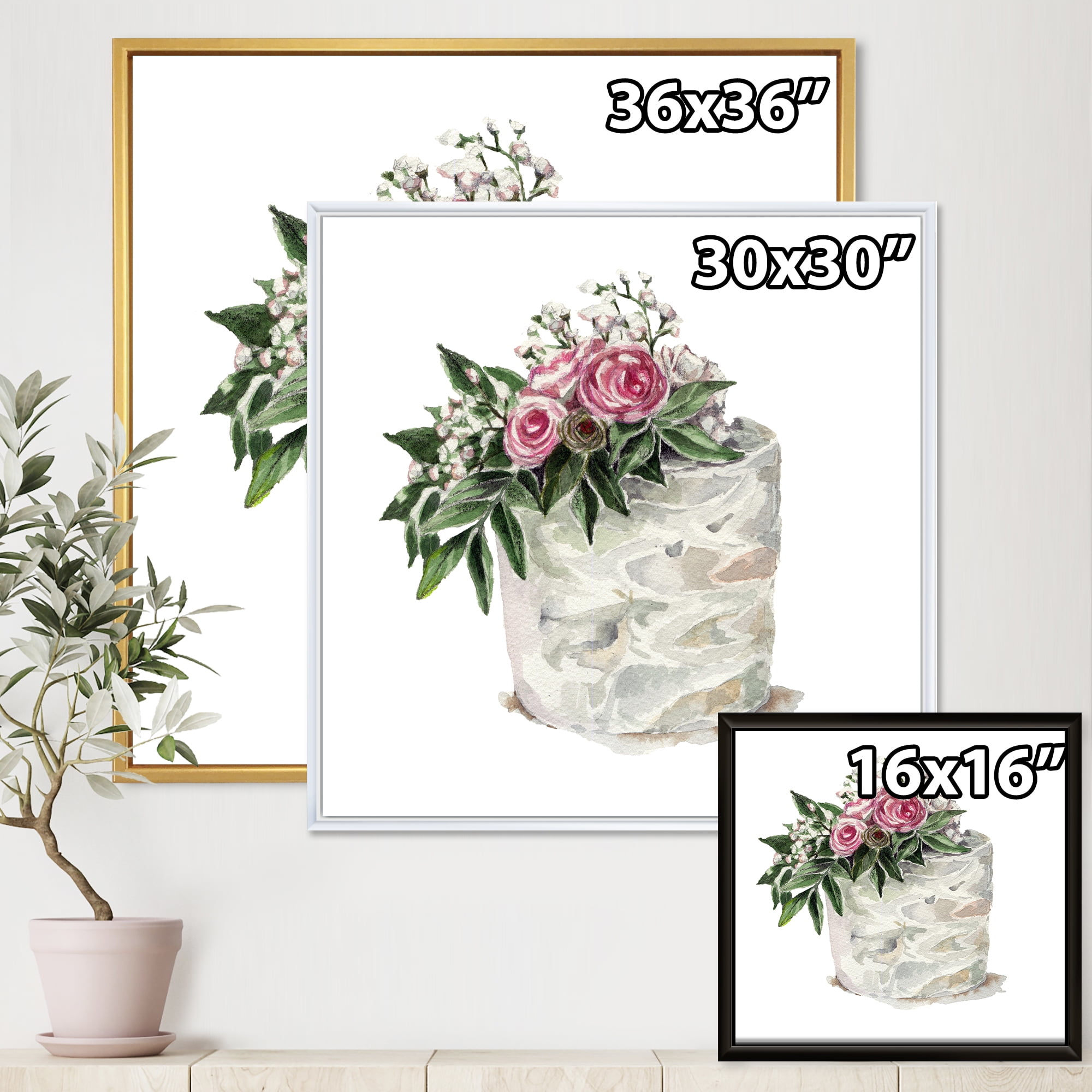 Designart 'White Flowers and Pink Roses On Cake' Traditional Framed Canvas Wall Art Print