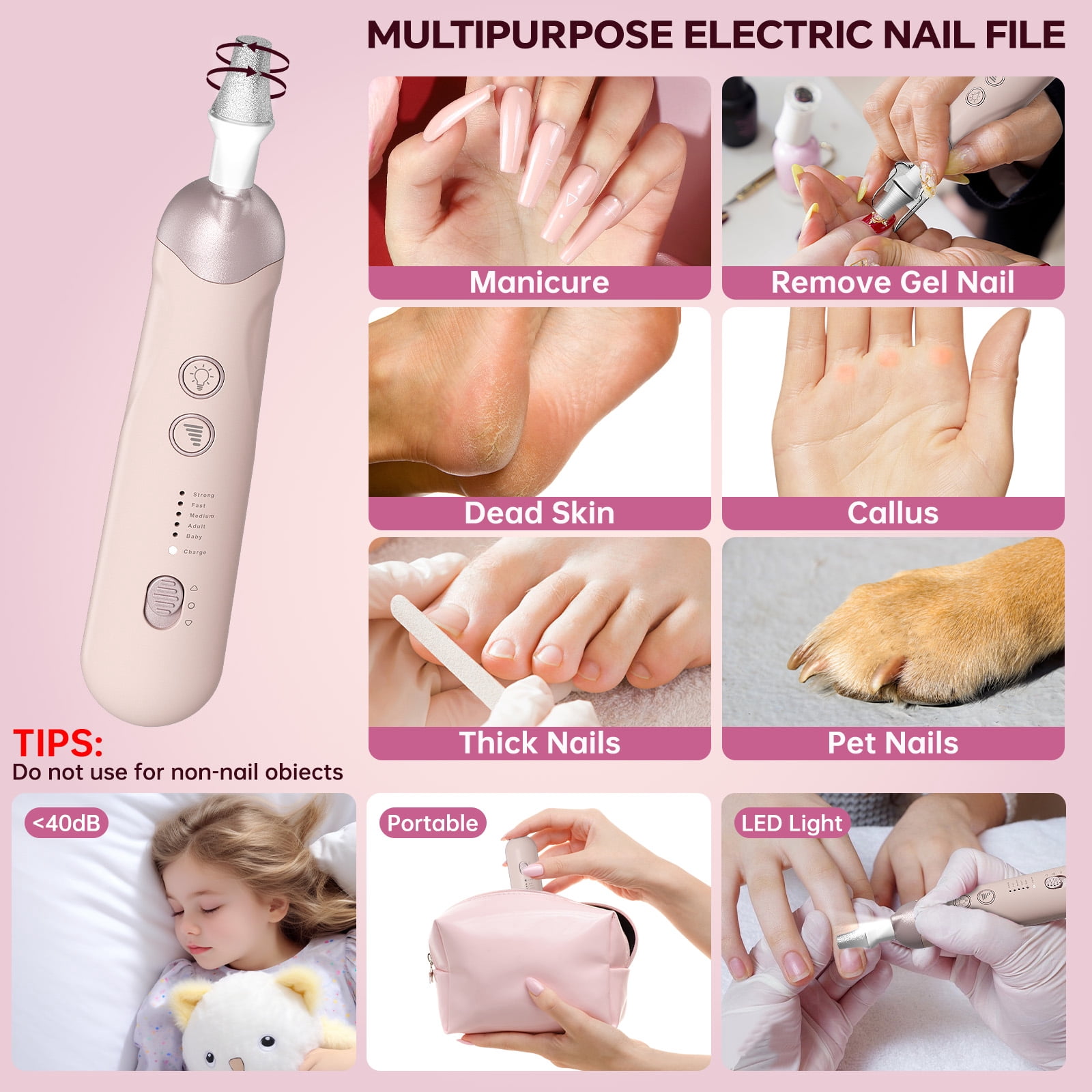 CshidWorld Cordless Electric Nail Drill Kit, Professional Manicure Pedicure Tool with LED Light, 9 Drill Bits, 5 Speeds Portable Nail File for Hand Foot Care, Thick Nails Cuticles（Pink）
