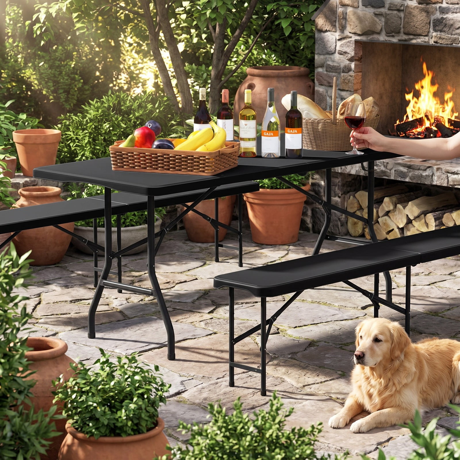 ALPULON 6 FT Portable Folding Table, 350 LBS Fold-in-Half Plastic Utility Table with HDPE Tabletop and Carry Handle for Picnic, Camping, Party and Indoor Events, Black