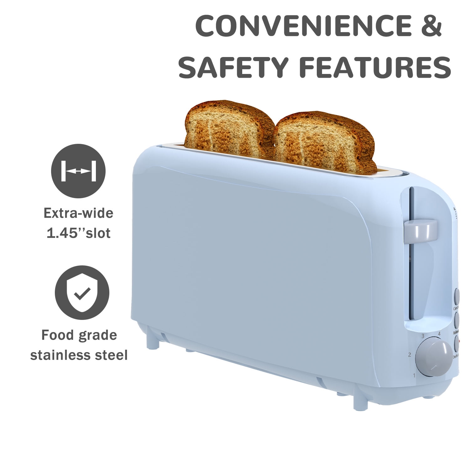 Slim 2-Slice Toaster, 10" Long Slot,6 Shade Settings with Cancel, Reheat & Defrost, Auto Shut off, Removable Crumb Tray，Blue