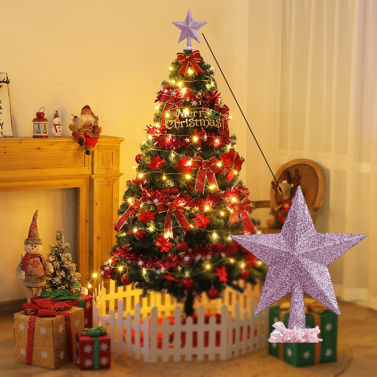 Bobasndm 6" Christmas Tree Topper Glitter Star Tree Topper Tree Star