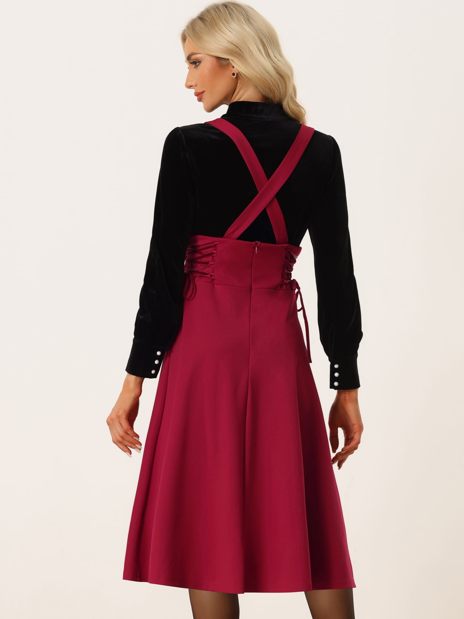 DARING DIVA High Waist Brace Skirts Lace Up Swing Midi Suspender Skirt M Red