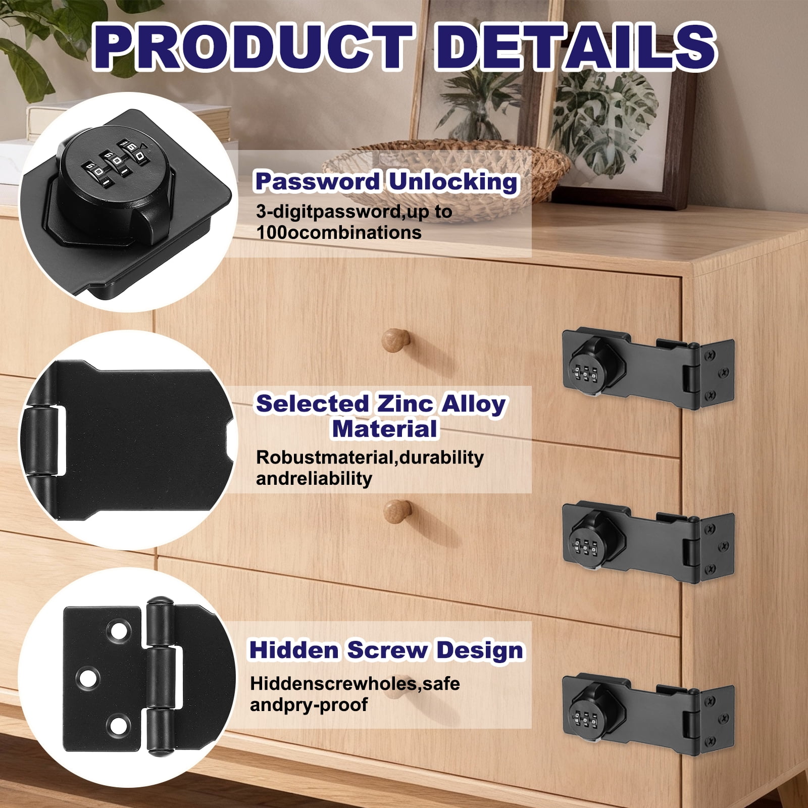 Uxcell 4 Pcs Keyless Cabinet Lock with Combination Code (4.5 Inch) - 3-Digit Password Hasp Latch Lock Mechanical Password Rotary Hasp, for Drawer Closet Cupboard Fence Door, Black