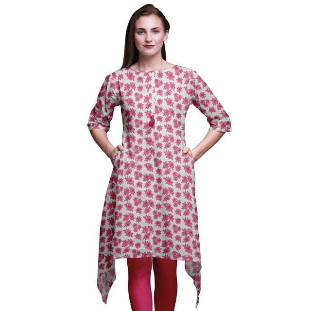 Bimba Hauts Imprimés Floraux Feuilles Roses & Jonquille pour Femmes Kurti Asymétrique Robe d'Été pour Filles Moyen