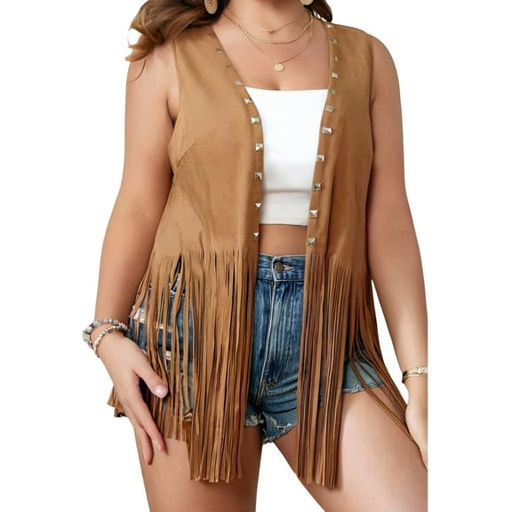 OYOANGLE Women's Plus Size Open Front Vest Fringe Trim V Neck Sleeveless Faux Suede Jacket Brown 1XL