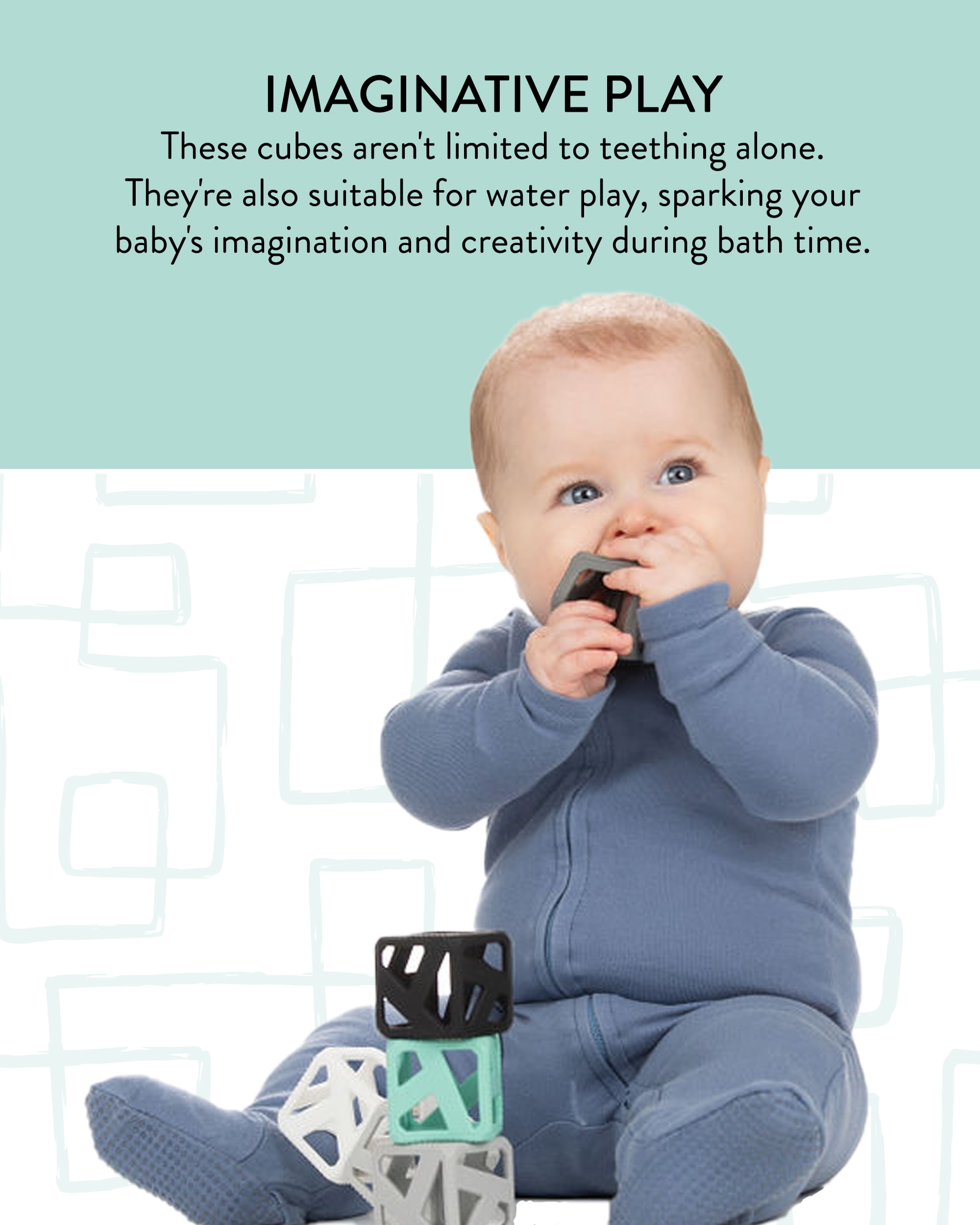 Malarkey Kids Stack N Chew Mini Cubes, Stackable and Chewable Sensory Teething Toy, 6 Pack, Monochrome