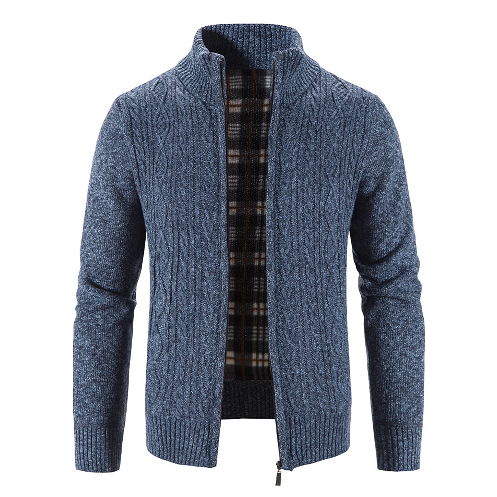 Mens Zip Up Knitted Cardigan Thick Sweater Stand Collar Fleece Lined ...