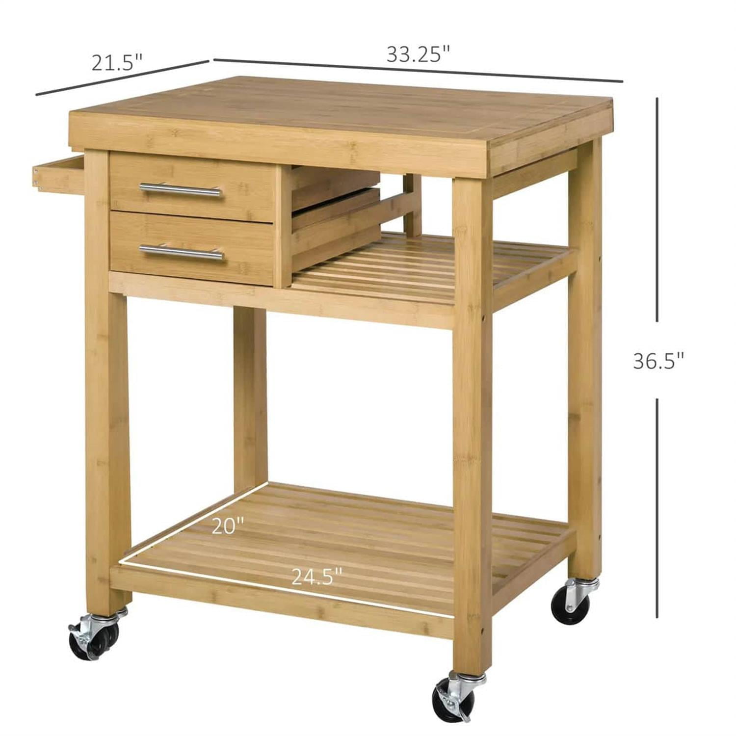 Demi Bonn 36" Bamboo Kitchen Island Cart on Wheels, Rolling Utility Trolley Cart with 2 Drawers & Open Shelves, Storage Cart for Kitchen, Beige
