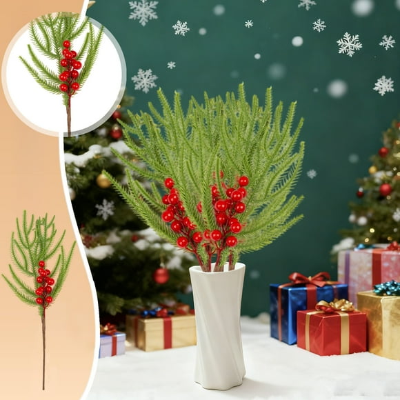 UsRHHA Christmas Pine Needle Green Plant Cuttings, Artificial Greenery with Red Pine Cones, ChristmasDecoration for Festive Season