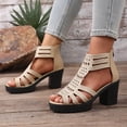 thumbnail image 5 of PiGOGI Women Solid Color Rhinestone Open Toe Back Zipper High Heeled Sandals Thick Heel Summer Gold, 5 of 9