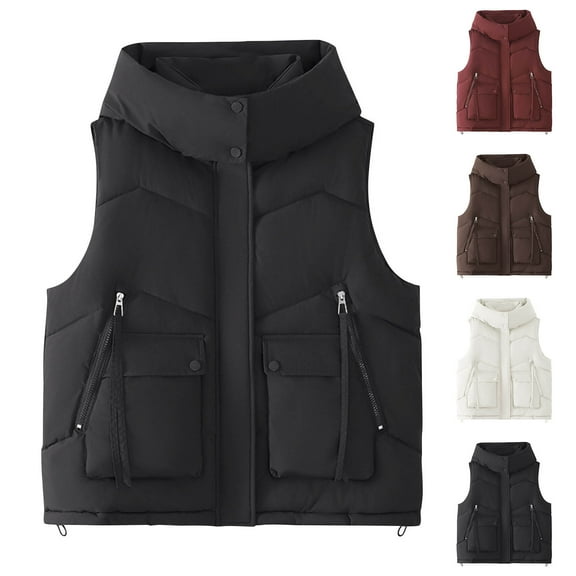 Womens Vest Dressy Casual Ladies' Casual Solid Color Sleeveless Hooded Puffer Vest with Pockets Winter Clothes for Women Coffee M