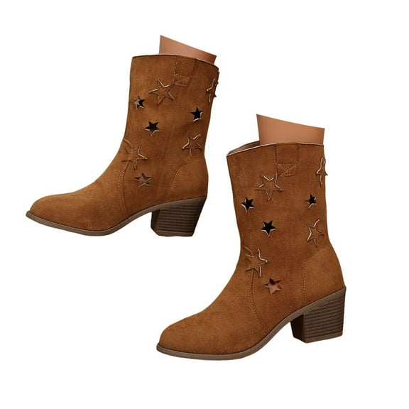 Mepaouo Cowboy Cowgirl Boots Women Star Decor Low Heel Chelsea Boots High Top Ankle Booties