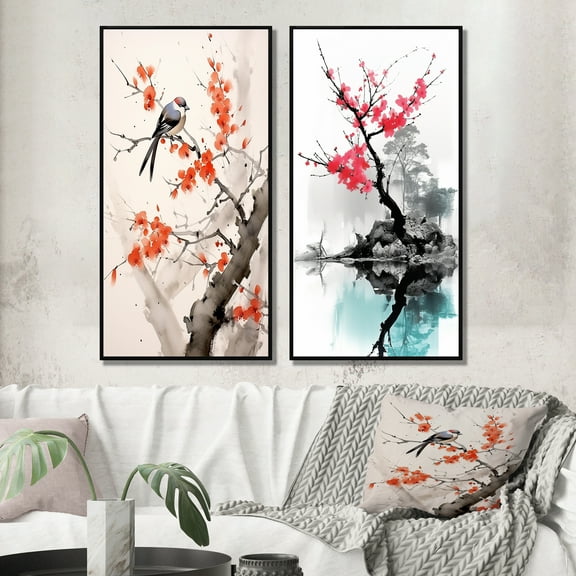 Designart "Sumi Bird Asian Painting VII" Asian Art Framed Wall Art Set Of 2 - Coral People Framed Canvas Set For Living Room Decor