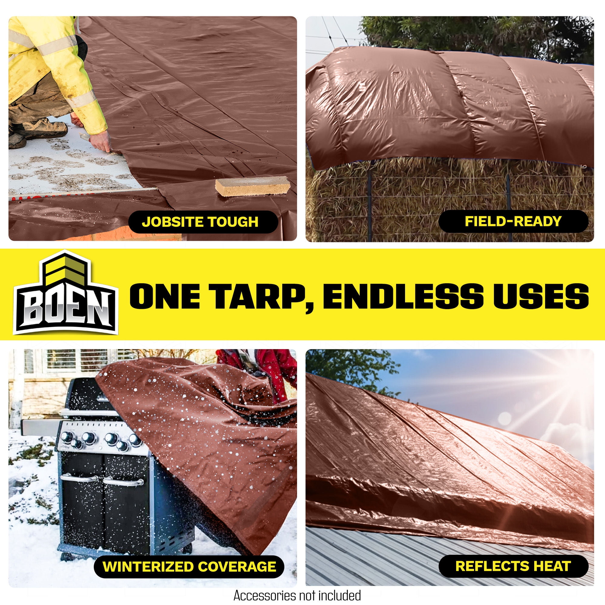 BOEN Ultra Heavy-Duty Tarp, 12 ft x 20 ft, 16 Mil Thick, Brown, Waterproof
