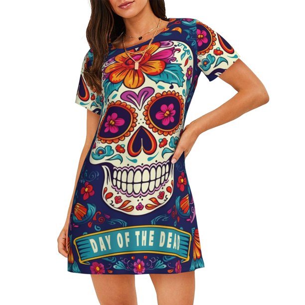 Easygdp Dead Day Party Camisón de manga corta para mujer, informal, estampado