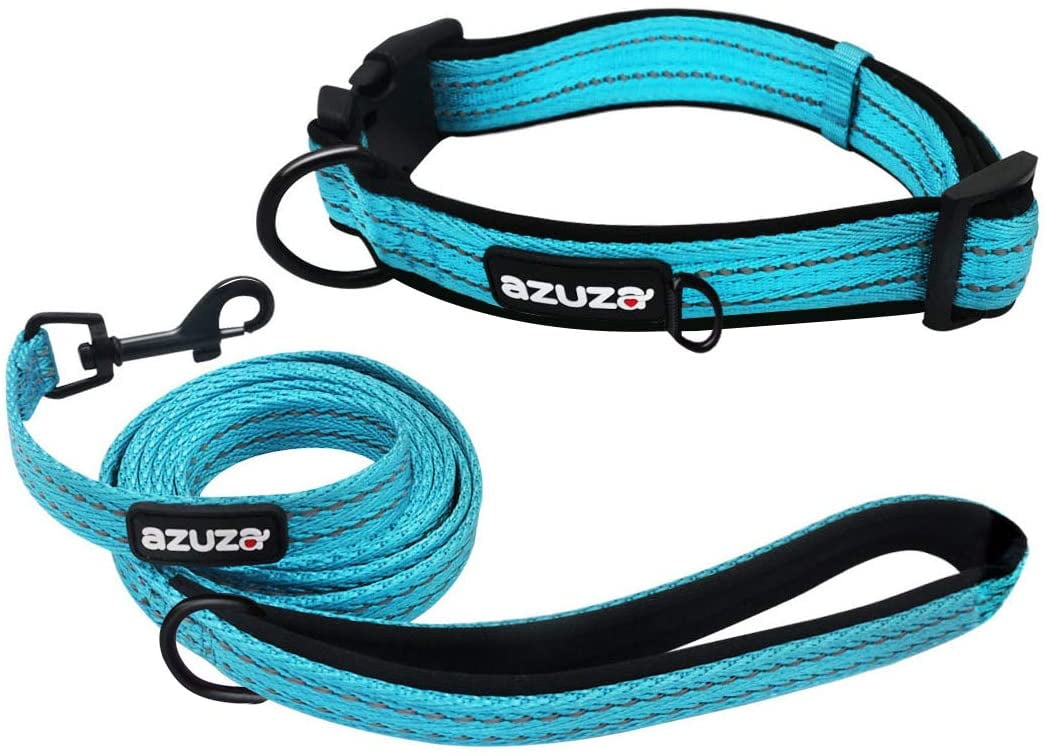 azuza Dog Collar and Leash Set Reflective Padded Collar Leash for Small Medium & Large Dogs