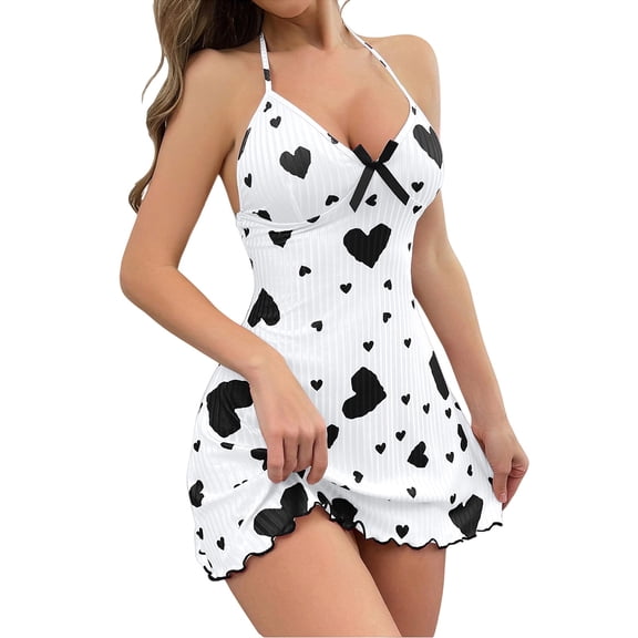 MEICHEN Nightgowns for Women Valentine's Day Heart Print Bowknot Nightgowns Deep V Neck Backless Chemise Nightdress Women's Sleep Dress