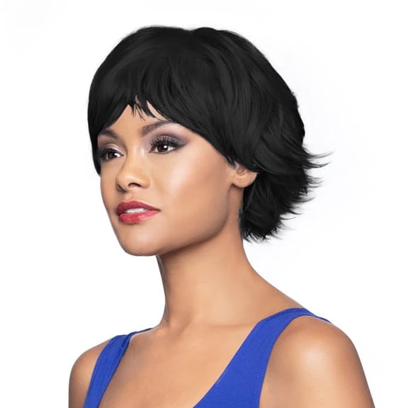 Maxwigs Ingrid Color 1 Black - 7" Textured Flip Swept Bangs Chin Length Fusion Heat Friendly Synthetic Fiber Foxy Womens Lightweight Lace Front Bundle Hairloss Booklet