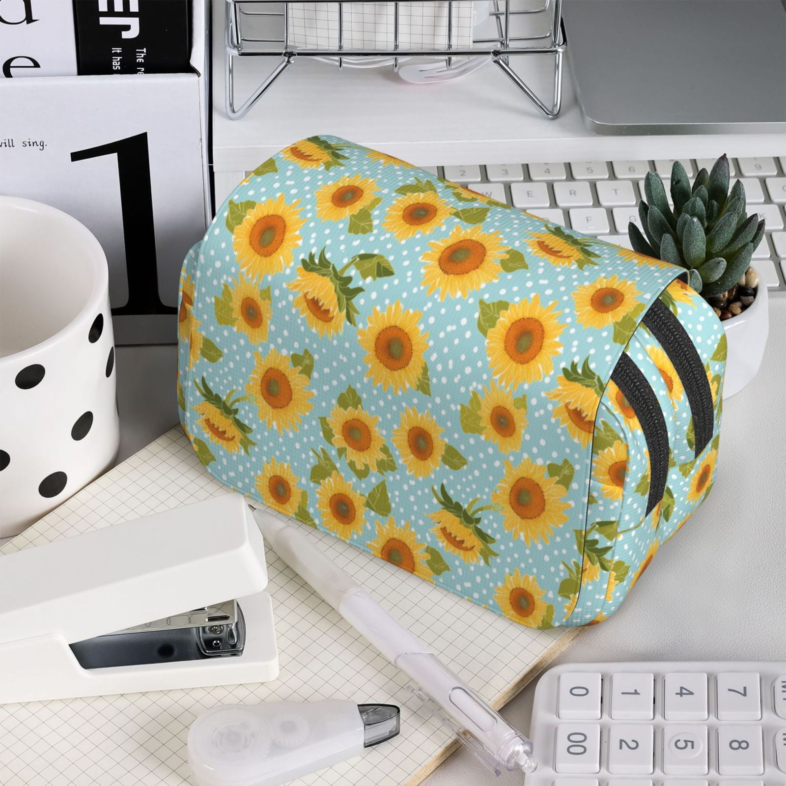 Rateoe White Polka Dot Sunflower A Pattern Double Clamshell Pen Case, Storage Organizer with Two Zipper Compartments– Holds Up to 50 Pencils & Pens