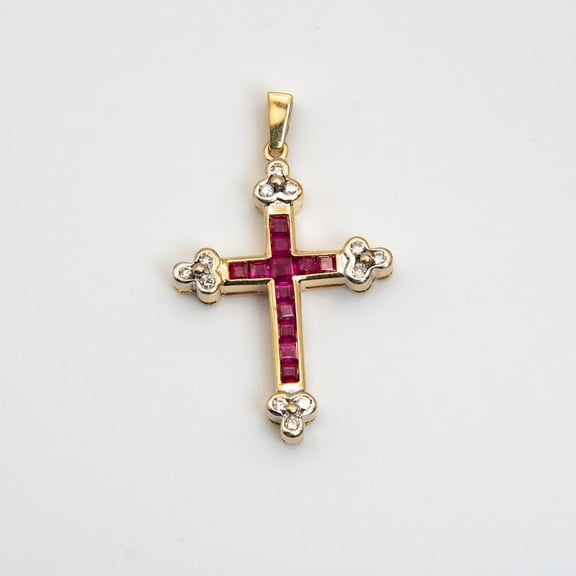 Silver & Stone Jewels Women's Classy Cross Pendant in Princess Cut Lab Created Ruby 14K Yellow Gold Finish Silver