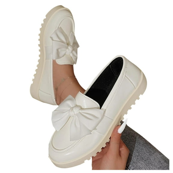 Yusimy Women's Fashionable Casual Penny Loafers - Round Toe Low-Cut Slip-On Shoes with Bowknot Detail Comfortable Flat Sole Classic Loafers Style for Everyday Wear