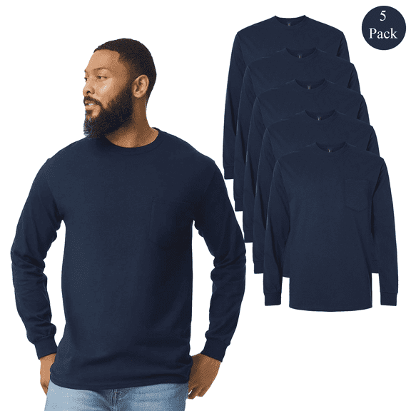Gildan Long Sleeve Ultra Cotton Pocket T-Shirt for Men, Modern Fit Crewneck Navy Tee, 5 Pack, S
