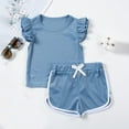 thumbnail image 3 of Mgmyaa Girls Summer Sets Crew Neck Solid Color Ribbed Flutter Sleeve Short Sleeve Blouses and Elastic Waist Shorts Two-Piece Set 1-6 Years, 3 of 8