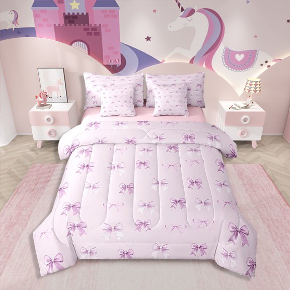 Erosebridal Girly Pink Bowknot Bed in a Bag Twin size, Cute Bow Bed Set, Abstract Striped Decor, Reversible