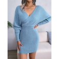 thumbnail image 6 of Women'S Cocktail Knitted Sweater Dress Long Sleeve Batwing Sleeve V-Neck Backless Mini Dress Blue M, 6 of 8